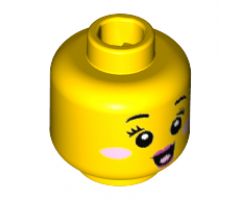 Minifigure, Head Female Black Small Eyebrows, Eyelashes, Bright Pink Round Cheek Spots, Dark Pink Lips and Open Mouth Smile Pattern - Hollow Stud