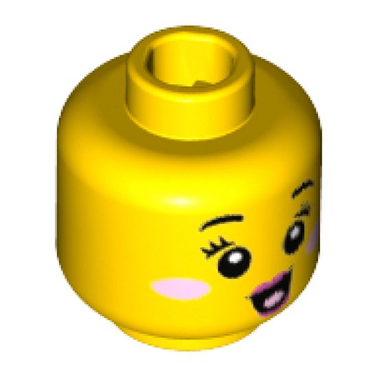 Minifigure, Head Female Black Small Eyebrows, Eyelashes, Bright Pink Round Cheek Spots, Dark Pink Lips and Open Mouth Smile Pattern - Hollow Stud
