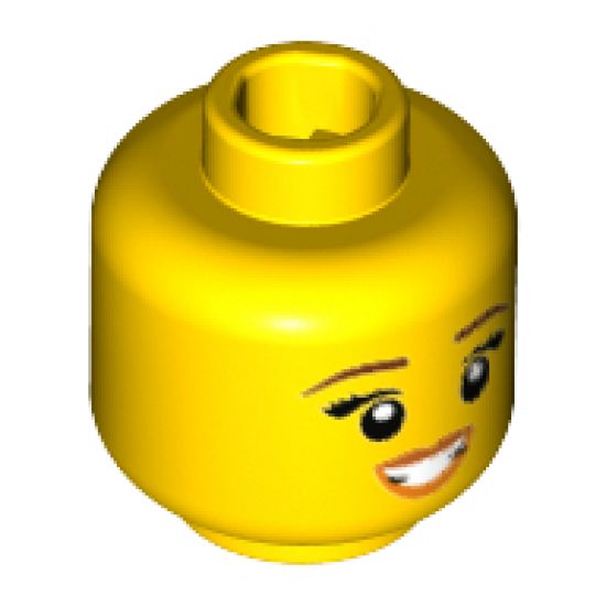 Minifigure, Head Female Reddish Brown Eyebrows, Black Eyelashes, Medium Nougat and Orange Lips, Open Mouth Smile Pattern - Hollow Stud
