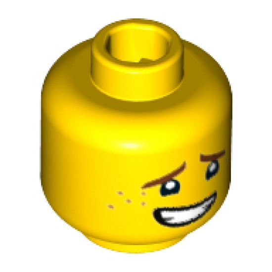 Minifigure, Head Dark Brown Eyebrows, Dark Orange Freckles, Open Mouth Crooked Smile Pattern (Jay) - Hollow Stud