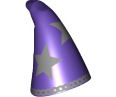 Minifigure, Headgear Hat, Cone Drooping, Wizard with Large Silver Stars and Rim Pattern