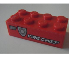 Brick 2 x 4 with White 'FIRE CHIEF' and Silver Badge Pattern Model Left Side (Sticker) - Set 8154
