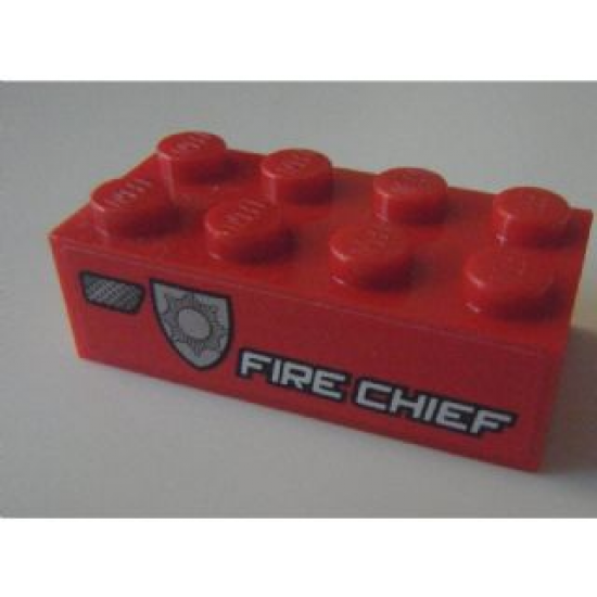 Brick 2 x 4 with White 'FIRE CHIEF' and Silver Badge Pattern Model Left Side (Sticker) - Set 8154