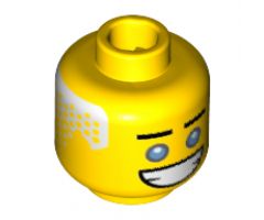 Minifigure, Head Black Straight Eyebrows, Dark Azure Eyes, Wide Open Mouth Grin, White Hair on Back Pattern (Zane) - Hollow Stud