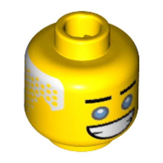 Minifigure, Head Black Straight Eyebrows, Dark Azure Eyes, Wide Open Mouth Grin, White Hair on Back Pattern (Zane) - Hollow Stud
