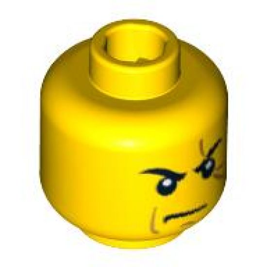 Minifigure, Head Male Stern Black Eyebrows, White Pupils, Frown, Scar Across Left Eye, Chin Dimple Pattern - Blocked Open Stud