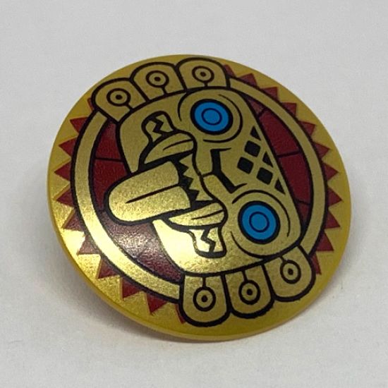 Minifigure, Shield Round with Rounded Front with Gold Jaguar Face on Dark Red Sun Background Pattern