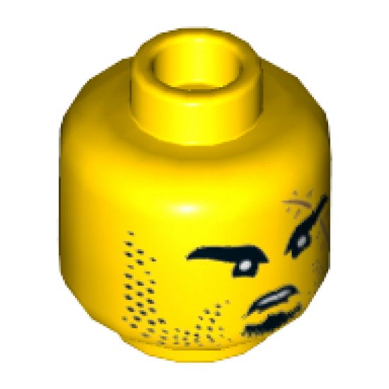 Minifigure, Head Black Eyebrows, Goatee, Stubble and Large Medium Nougat Scar with Stitches Pattern - Hollow Stud