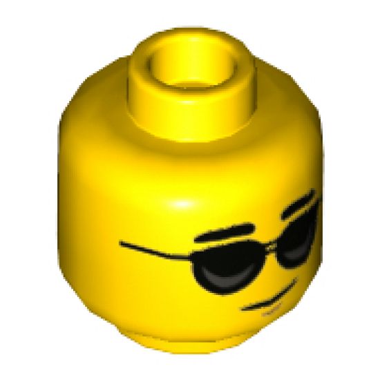 Minifigure, Head Black Thick Eyebrows, Black Sunglasses, Chin Dimple, Lopsided Grin Pattern - Hollow Stud