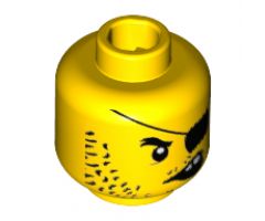 Minifigure, Head Beard Black Stubble Long, Eyepatch, Crooked Open Mouth with 2 Teeth Pattern - Hollow Stud