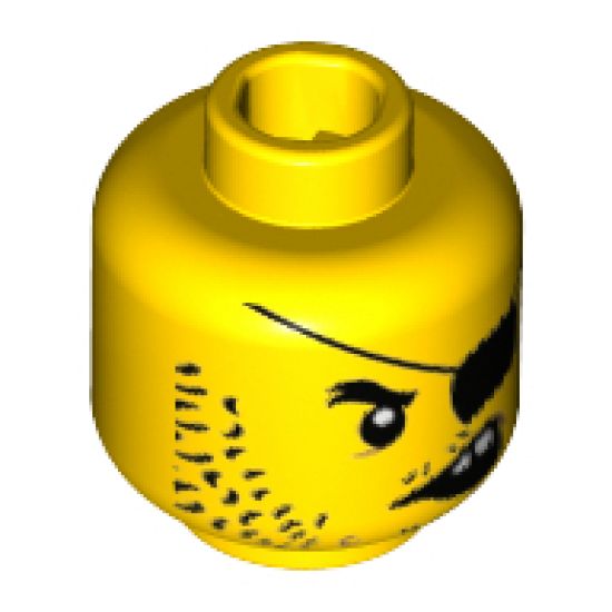 Minifigure, Head Beard Black Stubble Long, Eyepatch, Crooked Open Mouth with 2 Teeth Pattern - Hollow Stud