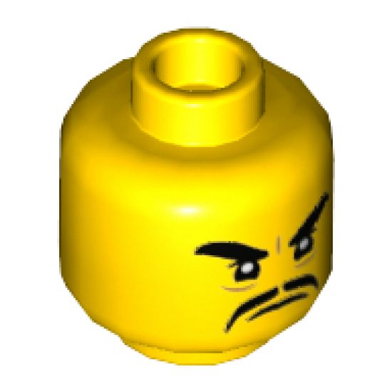 Minifigure, Head Black Thick Eyebrows and Moustache, Angry Expression Pattern - Hollow Stud