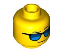 Minifigure, Head Glasses with Blue Sunglasses, Black Eyebrows, Left Eyebrow Raised Pattern - Hollow Stud