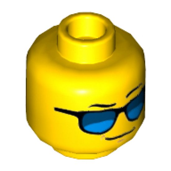 Minifigure, Head Glasses with Blue Sunglasses, Black Eyebrows, Left Eyebrow Raised Pattern - Hollow Stud