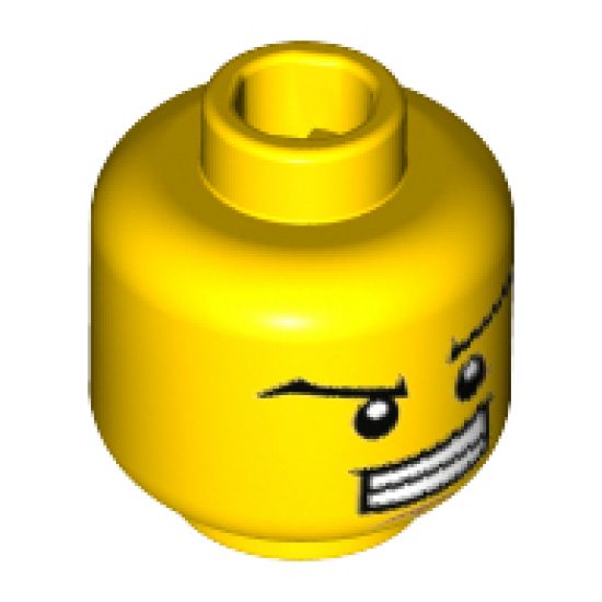 Minifigure, Head Black Wide Eyebrows, Wide Grin Showing Teeth, Dark Tan Dimple and Chin Pattern - Hollow Stud