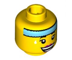 Minifigure, Head Female with Dark Azure Headband, White Sweat Drops, Open Smile with Magenta Lips Pattern - Hollow Stud