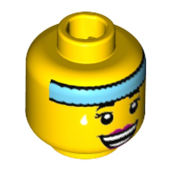 Minifigure, Head Female with Dark Azure Headband, White Sweat Drops, Open Smile with Magenta Lips Pattern - Hollow Stud