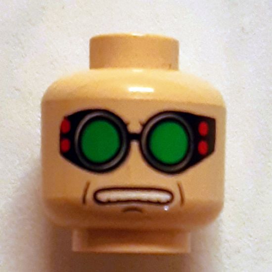 Minifigure, Head Glasses with Green Goggles, Open Mouth Pattern (Dr. Octavious) - Blocked Open Stud