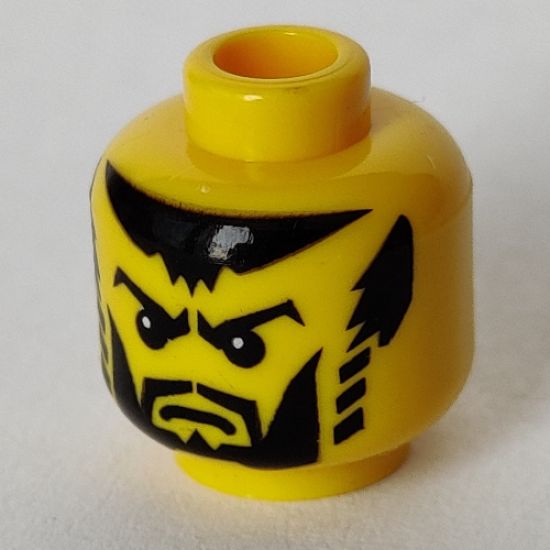 Minifigure, Head Beard Black with Trimmed Chin, Full Cheeks, Striped Sideburns, Scowl Eyebrows, Pupils Pattern (Shadow Knight) - Blocked Open Stud