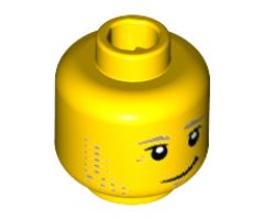 Minifigure, Head Dark Tan Eyebrows and Stubble, Black Eyes, Crooked Grin Pattern - Hollow Stud