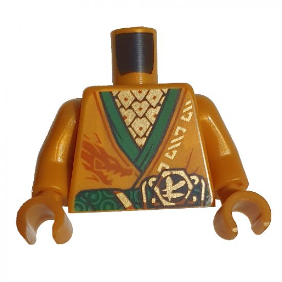 Torso Tunic with Green Hems and Sash, Gold Scale Armor, Dark Orange Dragon and Gold Ninjago Logogram 'L' Pattern / Pearl Gold Arms / Pearl Gold Hands