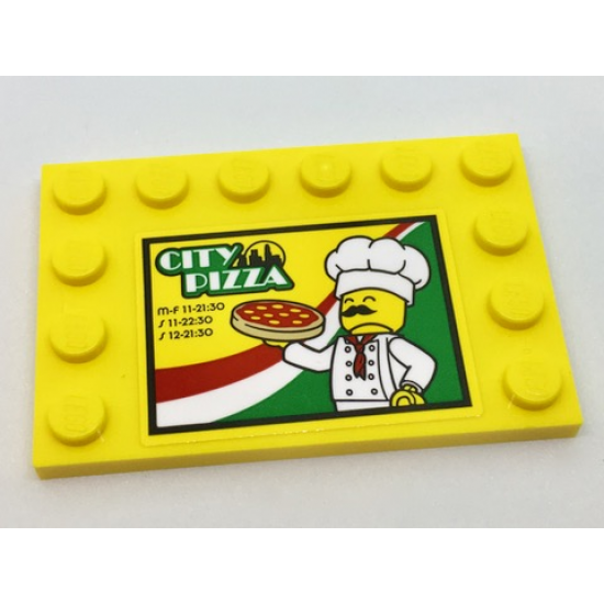 Tile, Modified 4 x 6 with Studs on Edges with 'CITY PIZZA' and Store Hours Upper Left, Chef and Italian Flag Colors Pattern (Sticker) - Set 60150