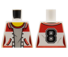 Torso Female Jacket Open over Gray Top with Red Collar with Number '8' on Back Pattern