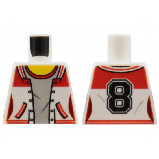 Torso Female Jacket Open over Gray Top with Red Collar with Number '8' on Back Pattern