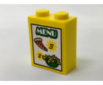 Brick 1 x 2 x 2 with Inside Stud Holder with 'MENU', '2', '3', Pizza Slice and Salad Pattern (Sticker) - Set 60150