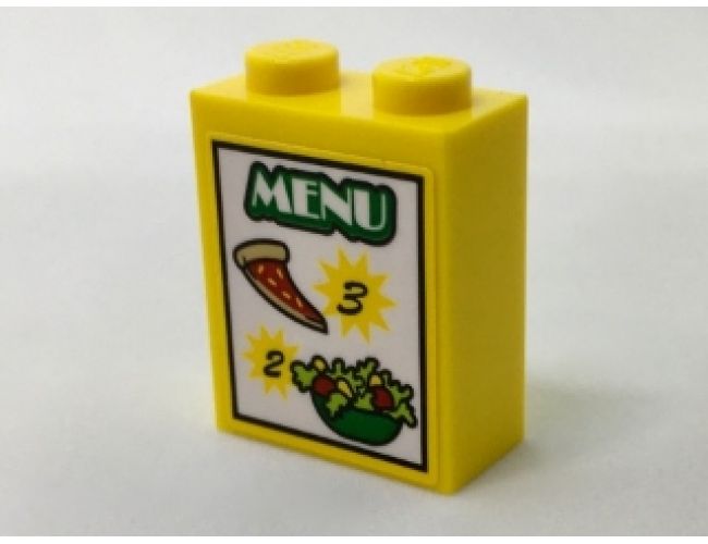 Brick 1 x 2 x 2 with Inside Stud Holder with 'MENU', '2', '3', Pizza Slice and Salad Pattern (Sticker) - Set 60150