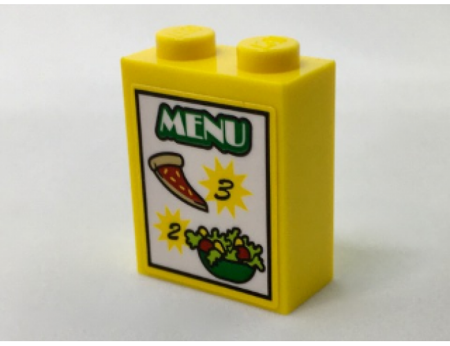 Brick 1 x 2 x 2 with Inside Stud Holder with 'MENU', '2', '3', Pizza Slice and Salad Pattern (Sticker) - Set 60150