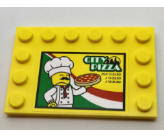 Tile, Modified 4 x 6 with Studs on Edges with 'CITY PIZZA' and Store Hours Upper Right, Chef and Italian Flag Colors Pattern (Sticker) - Set 60150