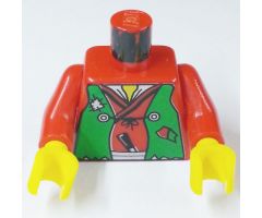 Torso Castle Ninja Vest Green Tattered Pattern (Robber) - LEGO Logo on Back / Red Arms / Yellow Hands