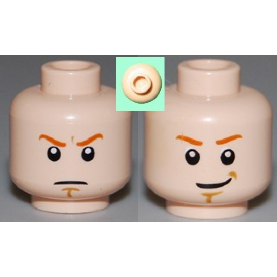 Minifigure, Head Dual Sided Dark Orange Eyebrows, White Pupils, Brown Chin Dimple, Determined / Smile Pattern - Hollow Stud