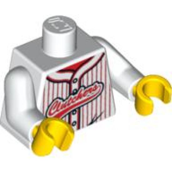 Torso Baseball Jersey with Vertical Red Stripes, Buttons and 'Clutchers' Logo Pattern / White Arms / Yellow Hands
