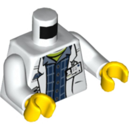 Torso Lab Coat with Pockets and ID Badge over Plaid Shirt and Lime Top and 'AC RESEARCH' on Back Pattern / White Arms / Yellow Hands