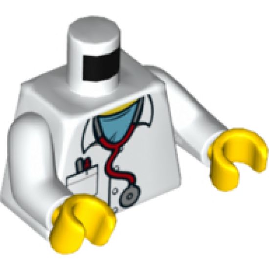 Torso Hospital Lab Coat, Medium Azure Scrubs, Stethoscope, Pocket with Pens Pattern / White Arms / Yellow Hands