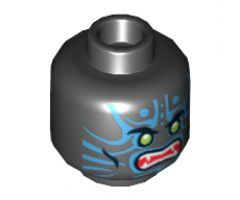 Minifigure, Head Alien with Lime Eyes, White Fangs, Blue Face Decorations and Red Mouth Pattern - Hollow Stud