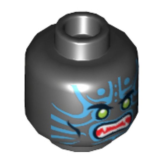 Minifigure, Head Alien with Lime Eyes, White Fangs, Blue Face Decorations and Red Mouth Pattern - Hollow Stud