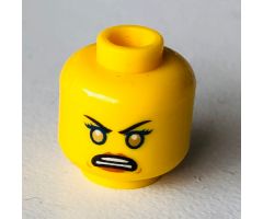 Minifigure, Head Dual Sided Female Black Eyebrows, Eyelashes, Dark Orange Lips / Blue Rimmed Eyes, Gold Pupils, Open Mouth Angry Pattern - Hollow Stud