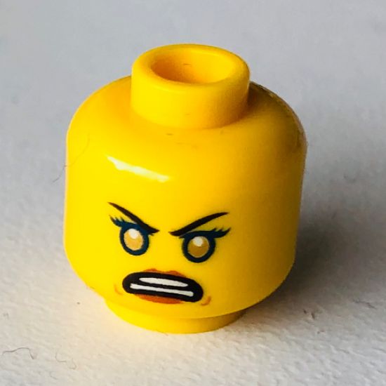 Minifigure, Head Dual Sided Female Black Eyebrows, Eyelashes, Dark Orange Lips / Blue Rimmed Eyes, Gold Pupils, Open Mouth Angry Pattern - Hollow Stud
