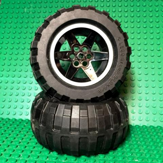 Wheel & Tire Assembly 56mm D. x 34mm Technic Racing Medium, 6 Pin Holes with White Rim Edge Pattern with Black Tire 94.8 x 44 R Balloon (15038pb01 / 54120)