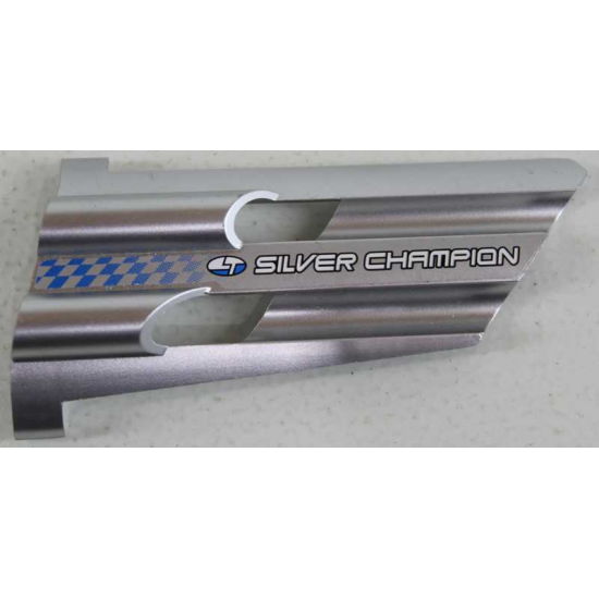 Technic, Panel Fairing # 3 Large Long, Large Holes, Side A with White 'SILVER CHAMPION' and Fading Blue Checkered Pattern (Sticker) - Set 8458