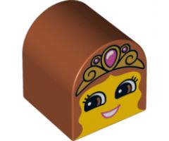 Duplo, Brick 2 x 2 x 2 Curved Top with Girl Face, Open Smile, Crown with Jewel Pattern