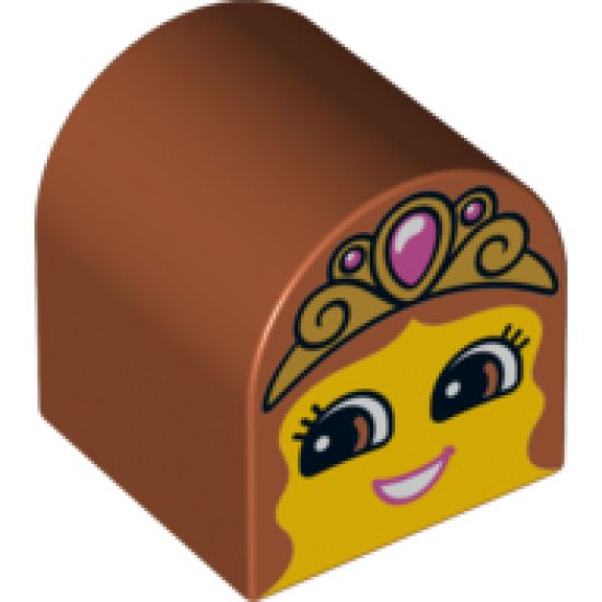 Duplo, Brick 2 x 2 x 2 Curved Top with Girl Face, Open Smile, Crown with Jewel Pattern