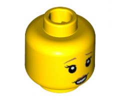 Minifigure, Head Female Raised Dark Orange Eyebrows, White Pupils, Dark Orange Lips, Lopsided Open Smile Pattern - Hollow Stud