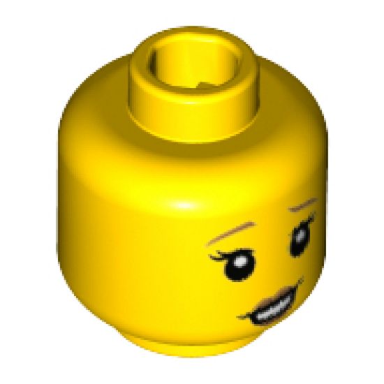 Minifigure, Head Female Raised Dark Orange Eyebrows, White Pupils, Dark Orange Lips, Lopsided Open Smile Pattern - Hollow Stud