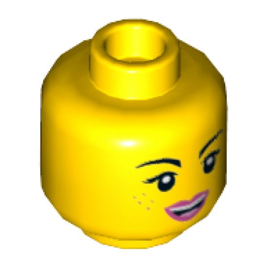 Minifigure, Head Dual Sided Female Black Eyebrows, Freckles, Eyelashes, Pink Lips, Open Mouth Smile / Cheerful Pattern (Lucy) - Hollow Stud