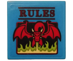 Tile 2 x 2 with Red 'RULES' and Dragon Blowing Lime Flames on Dark Azure Background Pattern (Sticker) - Set 75810