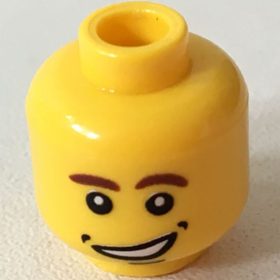 Minifigure, Head Male Brown Eyebrows (Left Curved Down), Open Side Smile with Dimples Pattern - Blocked Open Stud